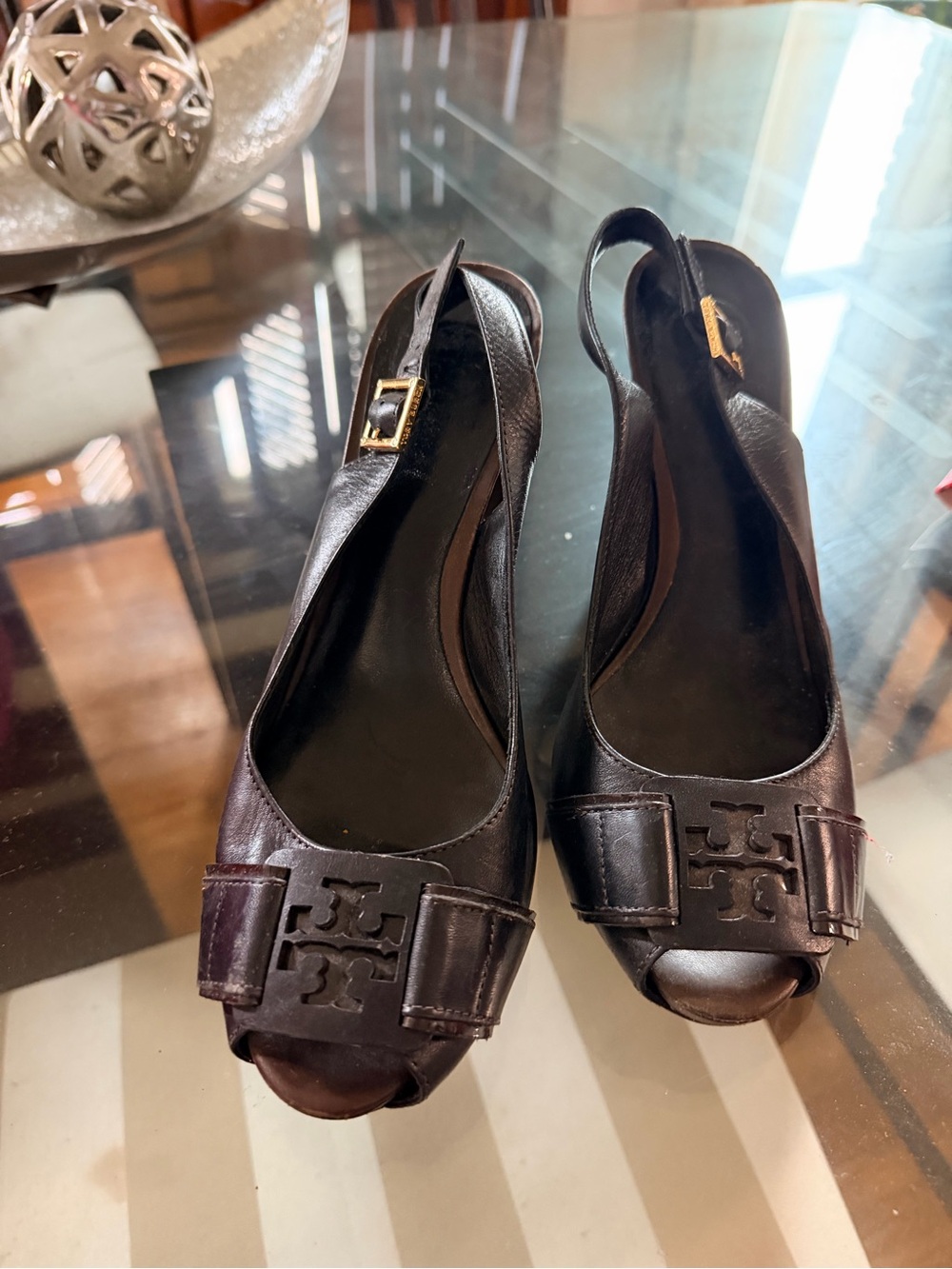 Tory Burch Dark Brown Leather Peep-Toe Slingback Heels